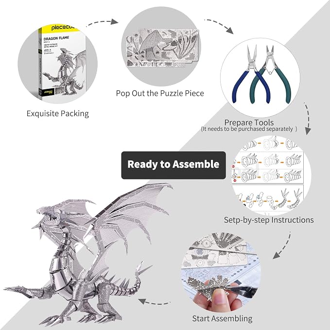 Piececool 3D Metal Puzzle Model Kits- Dragon Flame Metal Building Kit for Adults, Brain Teaser DIY 3D Dragon Puzzles Model Kits for Men, 115 Pcs