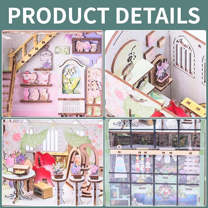 Miniature Flower House Kit, DIY Flower Dollhouse Booknook Making Set, 3D Wooden Puzzle Bookshelf Decor with Furniture for Adults & Teenagers