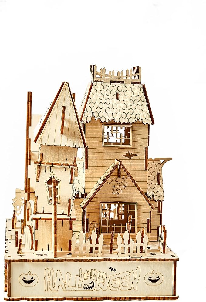 3D Wooden Puzzles Halloween House Kits Includes Light Strip, Brainteaser and Puzzle for Halloween/Birthday,Gifts for Adults and Teens to Build Combination