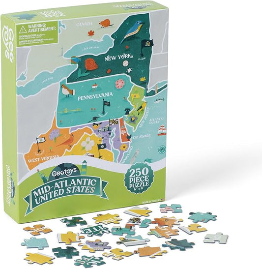 Geotoys Mid-Atlantic Region Jigsaw Puzzle - Educational and Interactive Map Game - 250 Piece Puzzles - Jigsaw Puzzles for Kids Ages 8-12 - Kids Puzzle Games with Colorful Landmarks