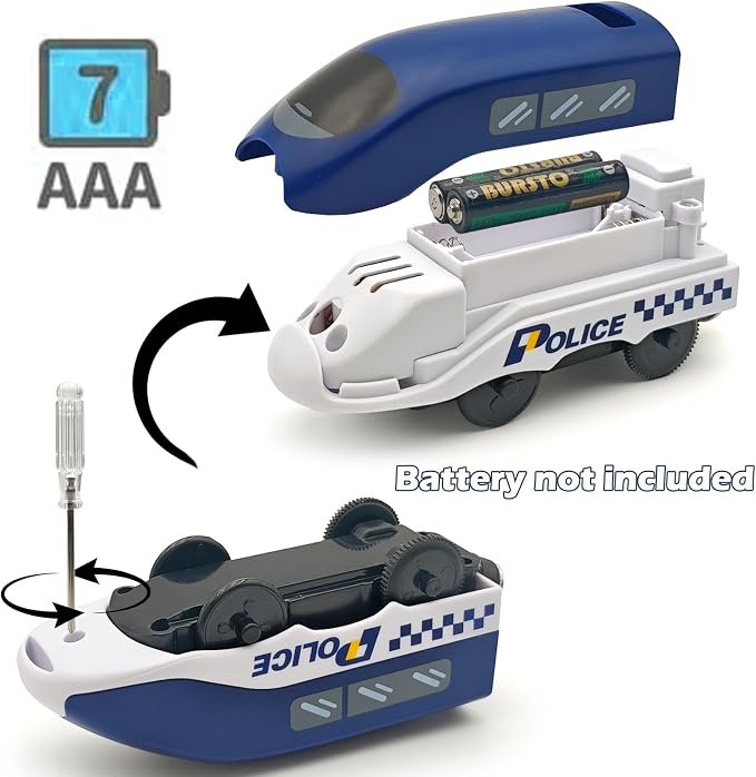 Battery Operated Police Train for Wooden Train Tracks with Figures Kids Magnetic Wooden Trains Set for Toddlers Boys 3-5 4-8 (Without Battery and Tracks) (Blue)