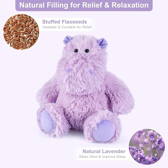 SuzziPals Warmable Hippo Stuffed Animals, Microwavable Stuffed Animal Heating Pads for Period & Stress Relief, Heatable & Coolable Hippopotamus Plush Toy, Cute Plushies Gifts for Kids & Women