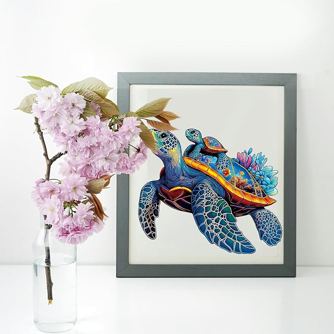 Wooden Jigsaw Puzzles for Adults Teens Kids, Parent & Baby Sea Turtle Wood Puzzle, Wooden Puzzles for Adults, Unique Animal Shaped Puzzle, Fun Challenging Family Games, 300pcs 15.5" x 11.7"