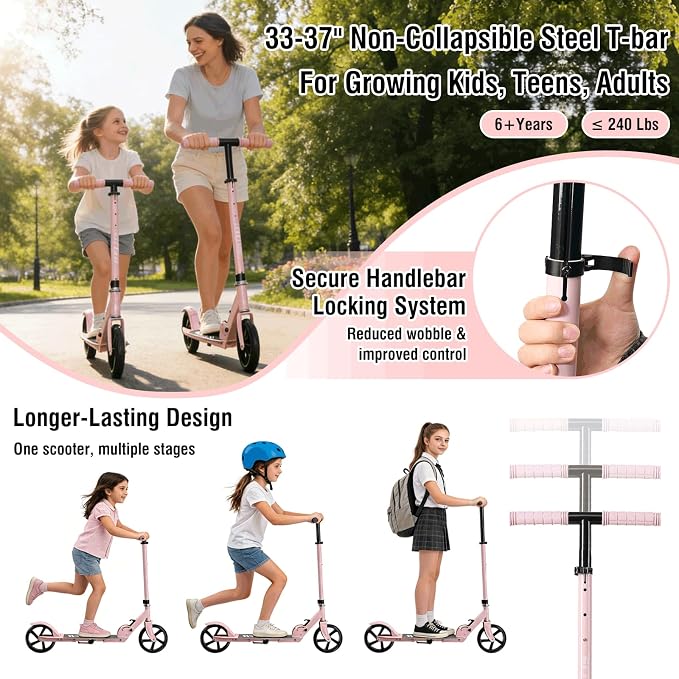 Scooter for Age 6+, Folding Kick Scooters for Kids 8-12,Teens, Adults up to 250Lbs,3 Adjustable Heights, Rear Brake, Wide Antislip Deck, Lightweight Scooter for Boys Girls