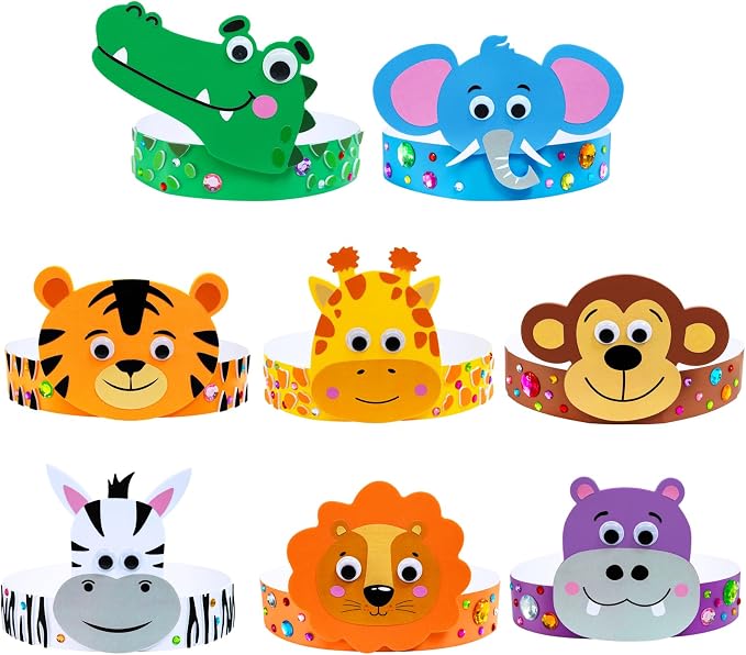 Winlyn 24 Sets Jungle Animal Headbands Craft Kits Safari Crown Art Sets DIY Zoo Party Headbands Foam Stickers Arts and Crafts for Kids Jungle Safari Birthday Activities Party Favors Decorations