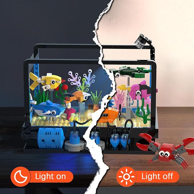 Tenhorses Fish Tank Building Block Set, Lighting Aquarium Sets Including Marine Life, a Submarine and a Treasure Chest, Building Block Toy for 6+, Gift for Sea Lovers.