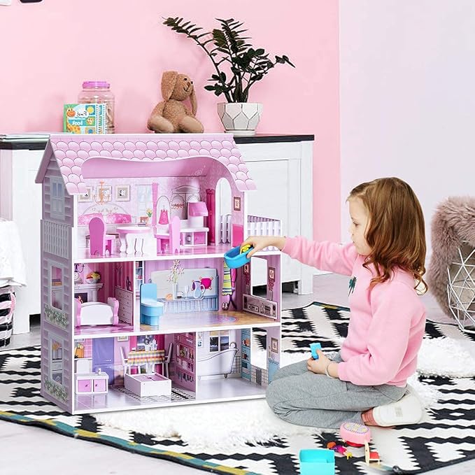 Honey Joy 3-Level Wooden Dollhouse with 8 Pcs Furniture, Pretend Play Kids Doll's House, Princess Mini Toy Playset, Gift for Little Girls (Pink, 2.5FT)
