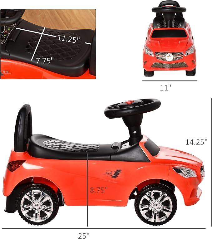 Aosom Kids Ride On Push Car, Foot-to-Floor Walking Sliding Toy Car for Toddler with Working Horn, Music, Headlights and Storage, Red