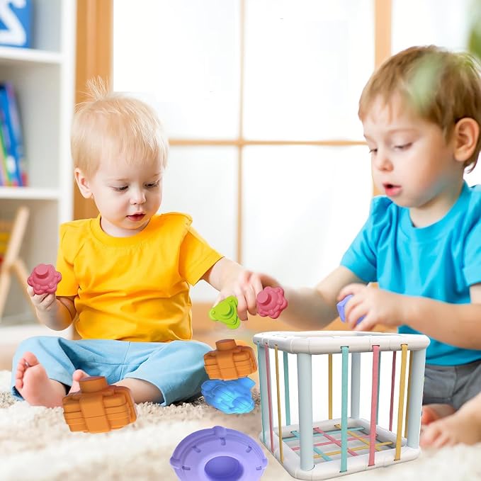Montessori Toys,6 Pc Multi Sensory Shape Toys and Cube Bin, Shape Sorter Baby Toys for Girls Boys Birthday Gift,Toddler Developmental Learning Toys,Learning & Fine
