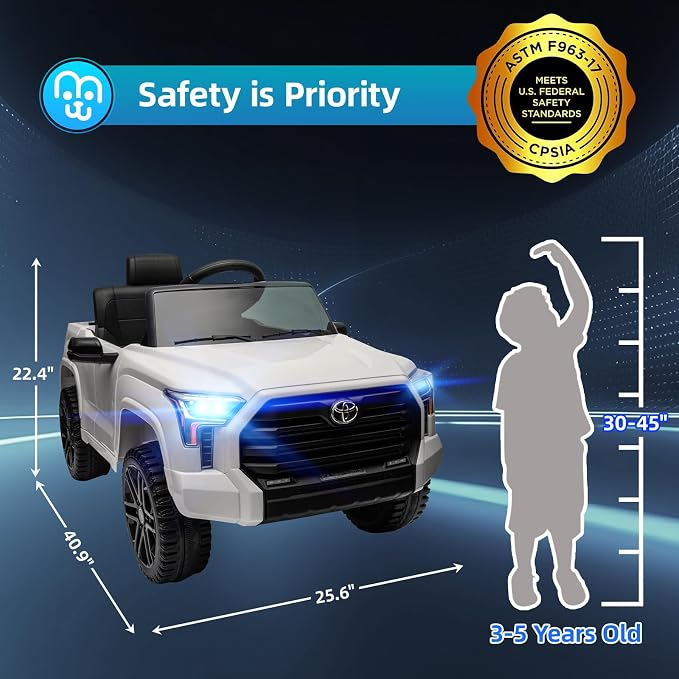 MINIATURE MOTORS Licensed Toyota Tundra Kids Ride on Truck Car Remote Control 12V 7Ah Battery Electric Car for Toddlers Trunk Bluetooth Music Player 4 Wheel Full Suspension Gift for Boys Girls-White