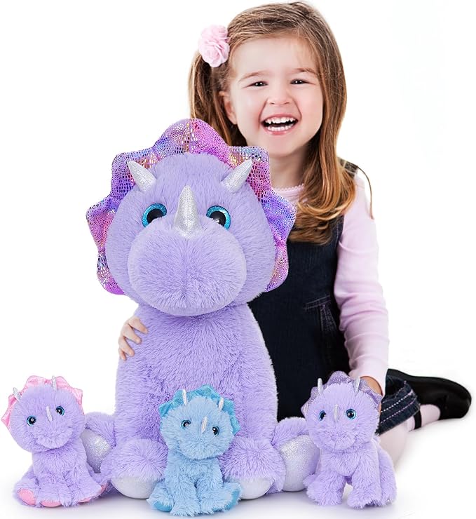 MaoGoLan Purple Triceratops Stuffed Animal, 21" Mommy Stuffed Dinosaur with 3 Babies, Soft Triceratops Plush Toy, Huggable Dinosaur Family for Room Decor, Christmas Birthday Gifts for Kids Boys Girls