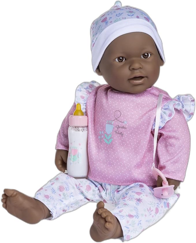 La Baby African American 20-inch Small Soft Body Baby Doll | JC Toys - La Baby | Washable |Removable Pink Floral w/Hat, Pacifier & Magic Bottle | for Children 12 Months +