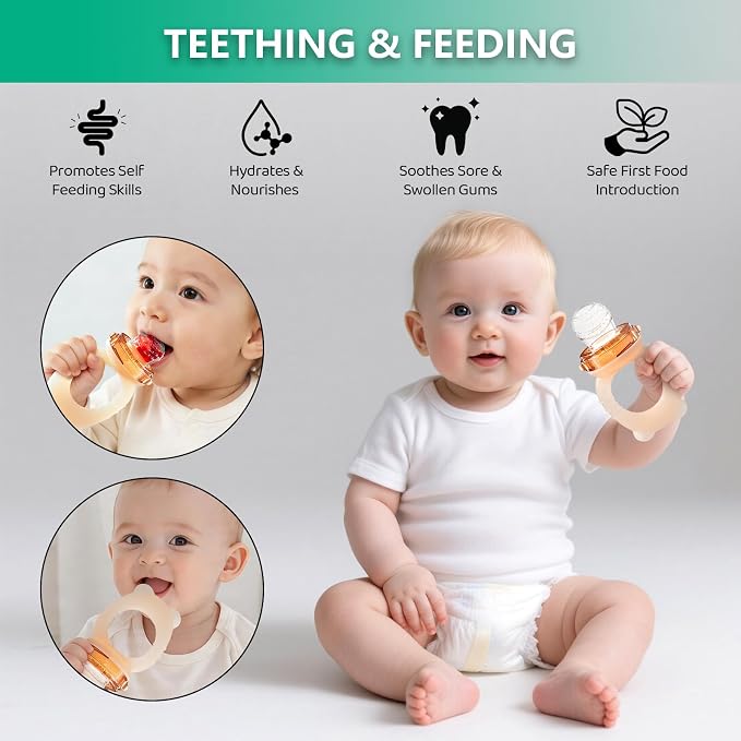 Baby Teething Relief Fruit Feeder with Freezer Tray, BPA-Free Silicone Food Feeder Pacifier, Breastmilk Popsicle Mold Set with Lid, Baby Feeding Essentials, 4 Months+
