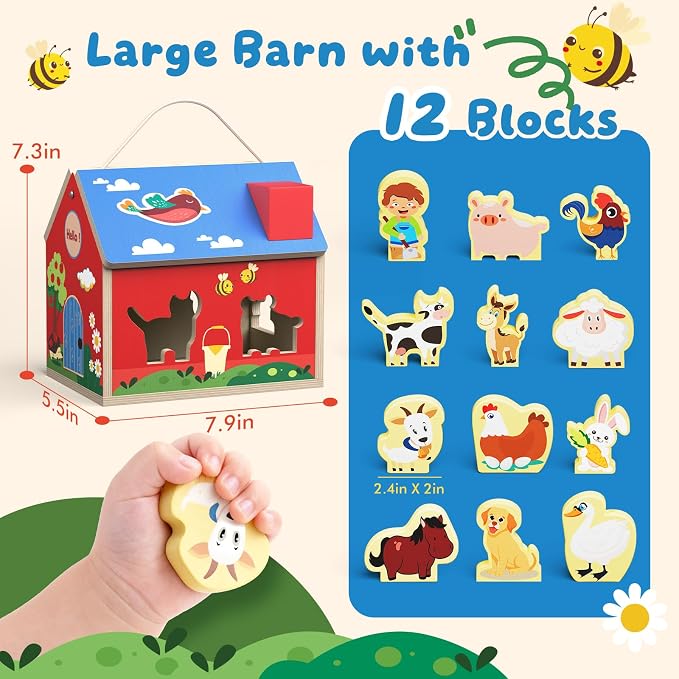 Wooden Barn Shape Sorter Montessori Farm Animal Toys for Toddlers, Educational Pretend Play Barn with Flip-Open Roof & Handle, 12 Animal Blocks, Birthday for 2-4 Boys Girls