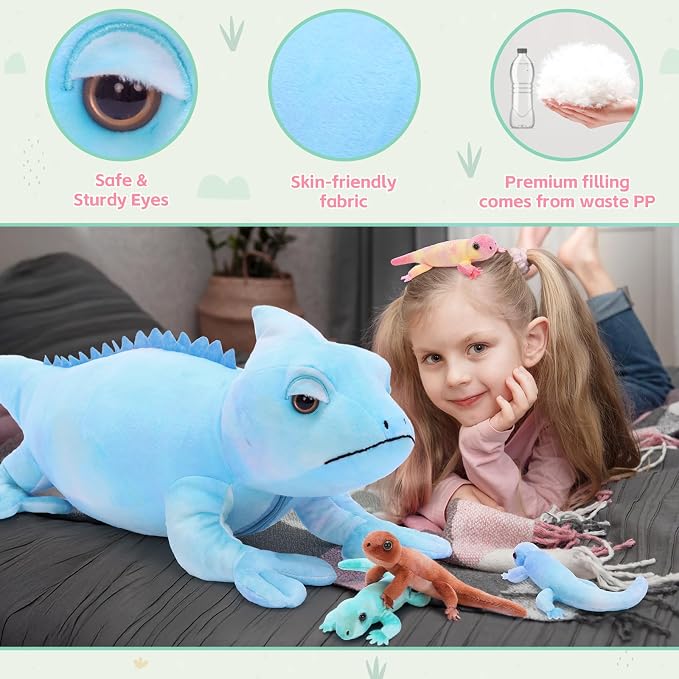MorisMos 27" Giant Chameleon Stuffed Animal with Baby Lizard Toys Inside, 5Pcs Mama & Baby Stuffed Lizard Plush Toys for Kids, Realistic Rainbow Chameleon Plush Toy, Jungle Birthday Gift & Room Decor