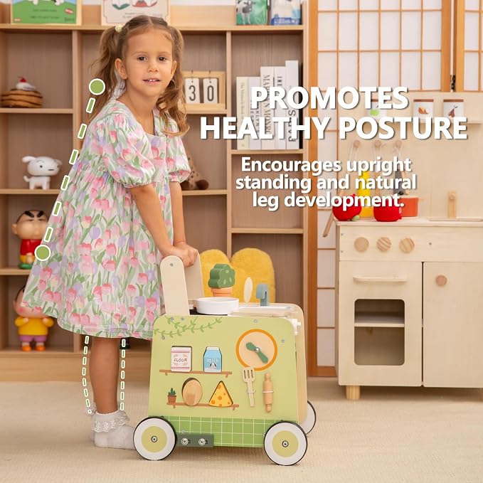 6-in-1 Wooden Baby Push Walker, Montessori Activity Center for Toddlers 1-3, Pretend Play Kitchen Stroller with Speed Control & Shape Sorter, Early Learning Development Gift for Boys Girls