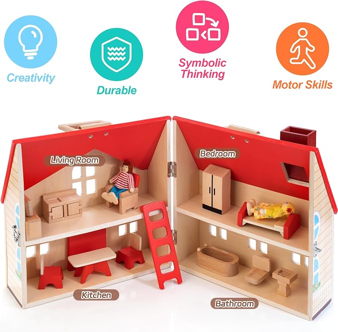 Foldable Wooden Dollhouse with 13PCS Furniture, 4 Rooms and 2 Flexible Dolls, Pretend Play Doll House Set with Portable Handle, Christmas Birthday Gift for Boys Girls Age 3+