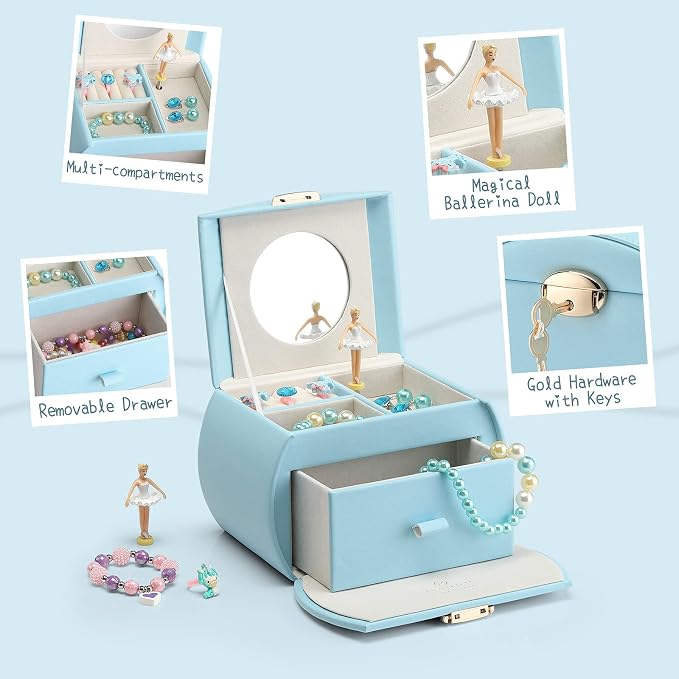 VLANDO Kids Musical Jewelry Box for Girls with Drawer, Music Box with Ballerina and Stickers for Birthday Bedroom Decor, Gifts for Girls Kids Christmas Thanksgiving Gifts 2023 - Blue
