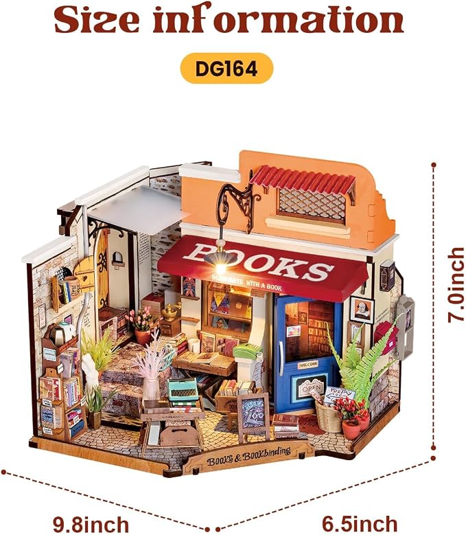 Rowood Miniature House Kit,Mother's Day Mini House Building Kit with LED,DIY Dollhouse Craft Kits for Adults,Birthday for Women Ages 14+(Corner Bookstore)