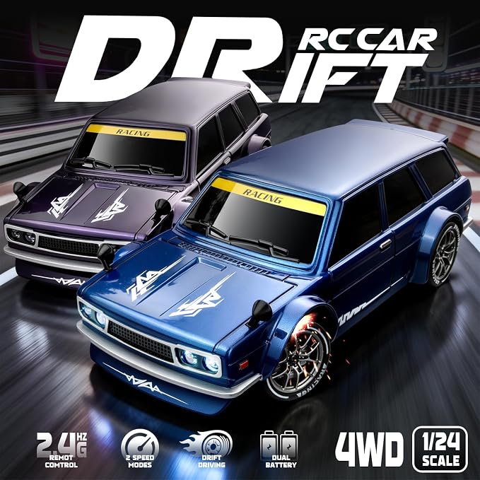 RC Drift Car, 1/24 Remote Control Drift Car for Adults Kids, 20KM/H 4WD Low/High Speed RC Cars with LED Lights, Extra Drifting Tires, Vehicle for Boys Girls Beginners Indoors Outdoors Purple
