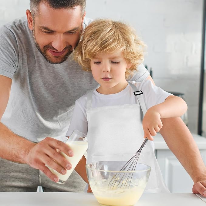 6 Pack Kids Apron bulk with 2 Pockets Adjustable Chef Art Apron Kids Painting Aprons for Cooking Baking Painting Crafting Grilling Activity（White）