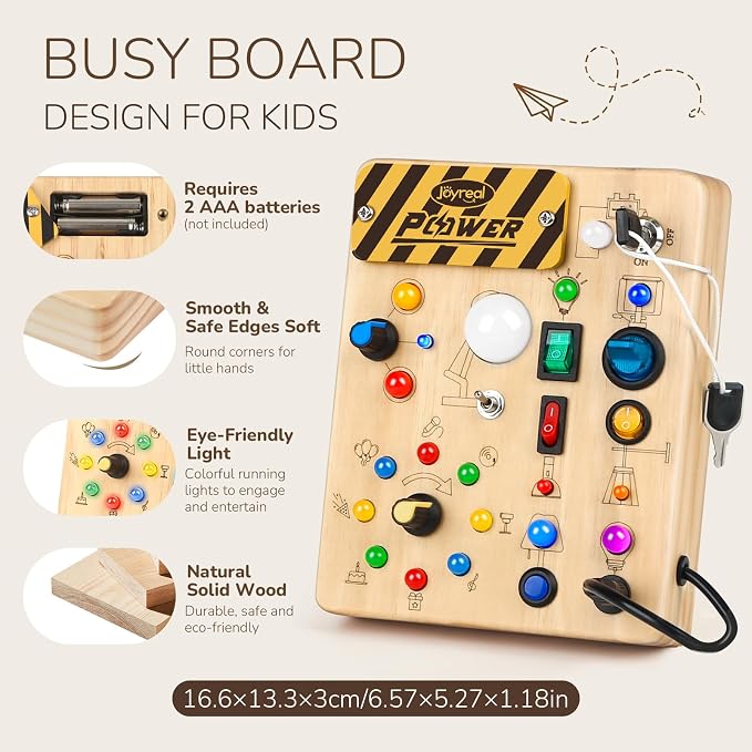 Joyreal Busy Board for Toddlers 1-3 - Montessori Toys for 1 2 3 Year Old, Wooden Sensory Activity Board with 10 Switches&19 Lights, Ideal Educational Travel Toy Gift for 1+ Year Old Boy&Girl Birthday