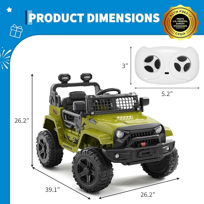Ride on Truck Car 12V Kids Electric Vehicles with Remote Control Spring Suspension, LED Lights, Bluetooth, 2 Speeds