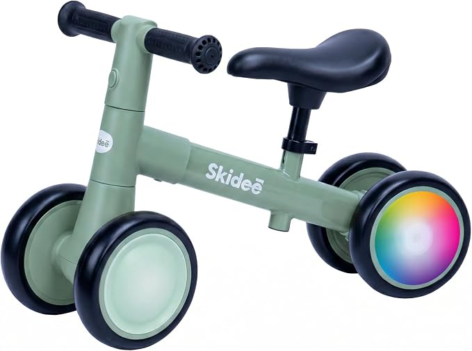 SKIDEE Toddler Balance Bike 1-3, 4-Wheel Balance Bike with Rare Light-Motion-Activated LED Wheels, Adjustable Height & Child Safe Steering, Lightweight Ride-On Toy Training Bike for Boys & Girls
