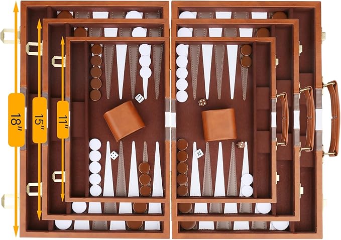 Backgammon Set - Classic Board Game with Premium PU Leather Case & Portable Travel Strategy Backgammon Game Set for Adults, Kids Family Game Night, Vacation & Giftss (11inch Small, Brown)
