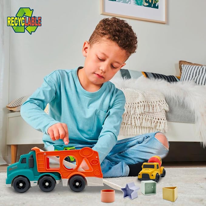Aigitoy 3 Pcs Toddler Car Toys for 1-3 Years Old, Construction Vehicle Toys Carrier Tuck Set Includes Dump Truck, Mixer Cement, Shape Sorter, No BPA, Phthalates, PVC, Christmas Birthday Gifts for Kids