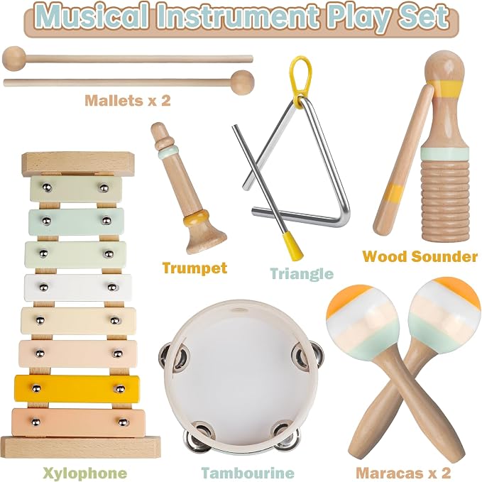Baby Musical Instruments - Toddler Musical Toys Montessori Wooden Xylophone Maracas Tambourine Percussion Set for 18+ Months, Kids Educational Music Learning Toys, Birthday Gifts for Boys Girls