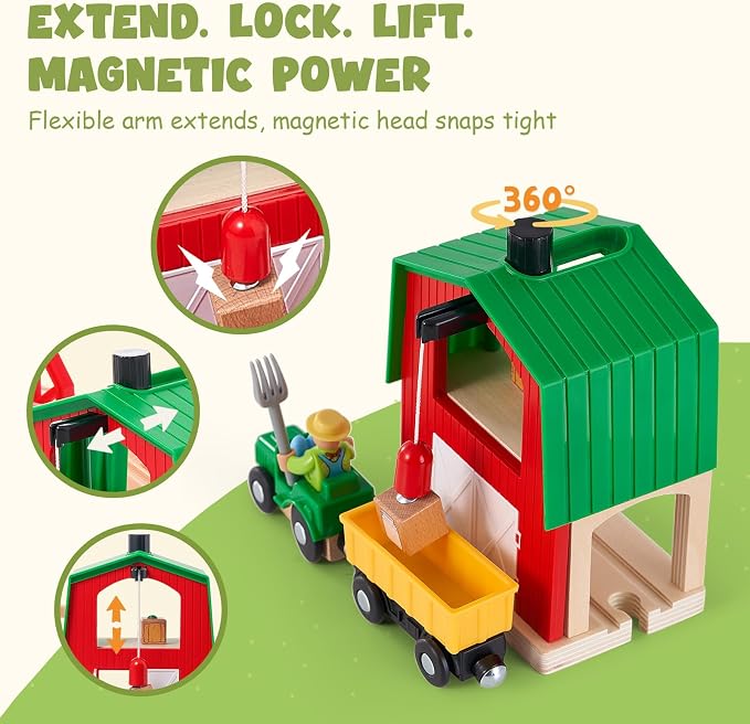 Giant bean 42PCS Wooden Farm Train Set for Toddler, Battery Operated Train Railway Track with Bridge, Barn, Animals,Tractor Cargo, Compatible with Most Brand, for Kids Boys Girls Age 3-8