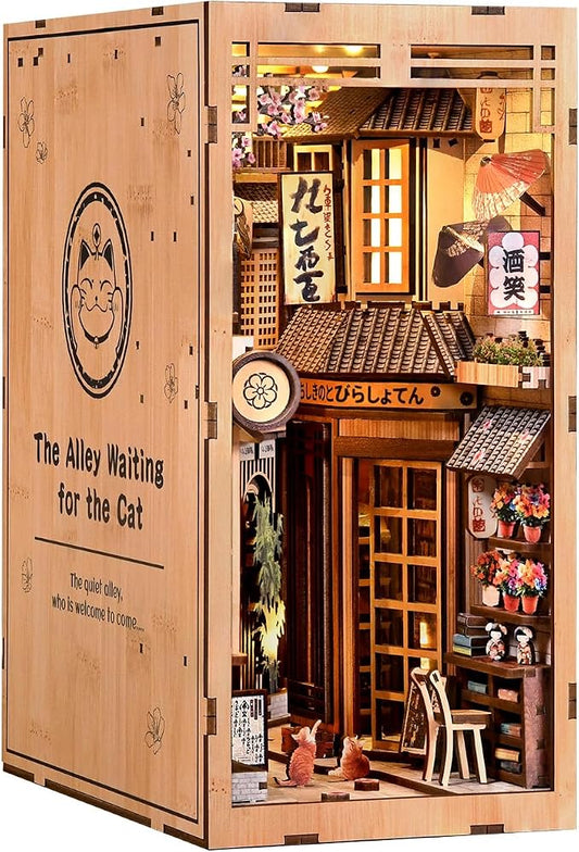 Book Nook Kit,with LED Light,DIY 3D Wooden Dollhouse Puzzle,Bookshelf Decorative Gift(The Alley Waiting for the Cat)