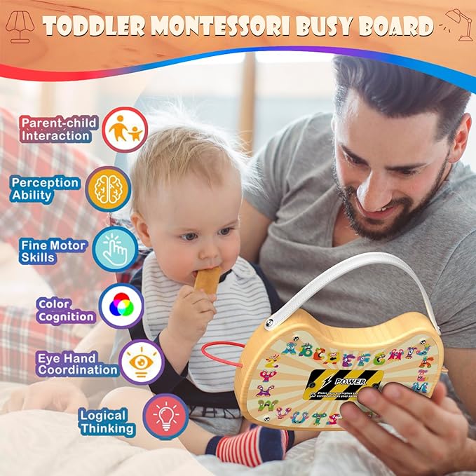 UdoUto Montessori Wooden Busy Board for Toddlers with LED Light Lights & Switches,Portable Activity Board for Car & Airplane Travel Toys, Christmas & Birthday Gift for 1-3 Year Old Boys & Girls