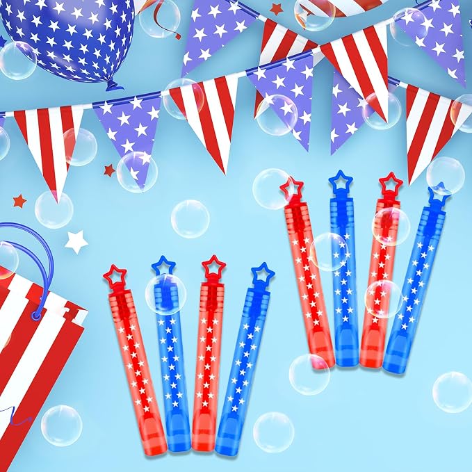 Patriotic Mini Bubbles Wands Toys Bulk 64 Pack - Party Favors Supplies for Kids, 4th of July Red White Blue Gift Prize Games Accessories Decoration for Independence Day Fourth of July Parade Throws