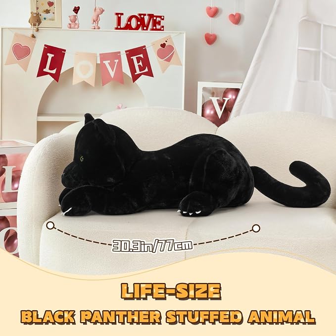 MorisMos Giant Black Panther Stuffed Animal Pillow, 30" Extra Large Stuffed Black Panther Toy for Kid & Adult, Realistic Big Safari Animal Jaguar Plush for Christmas Birthday Jungle Party Decor