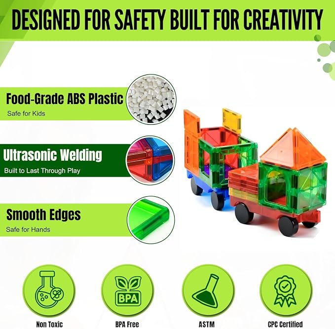 Magnetic Tiles 150 PCS with 2 Cars Bases, STEM Magnet Building Tiles for Kids Ages 3-12, Educational Building Magnets Toys, Creative Construction, Preschool Learning & Play for Childs
