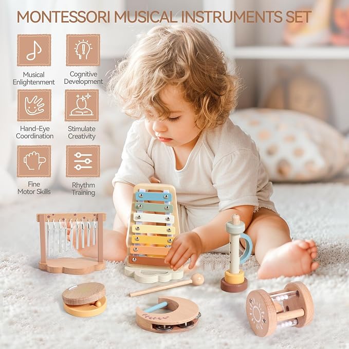 Wooden Xylophone Musical Instrument Sets Toy for Kids, Rattle Bell Montessori Cloud Toddler Music Percussion Toys, Christmas Birthday Gifts for Boys Girls 3 Year+