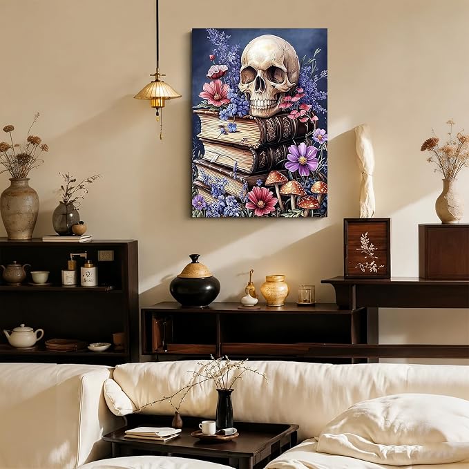 CHWGLFGG 5D Full Round Drill Diamond Painting Kit for Adults, Vintage Skull Old Books Wild Flower Mushroom Diamond Art Canvas, DIY Paint by Diamonds Dot Gem Craft 12x16 Inch for Home Wall Decor