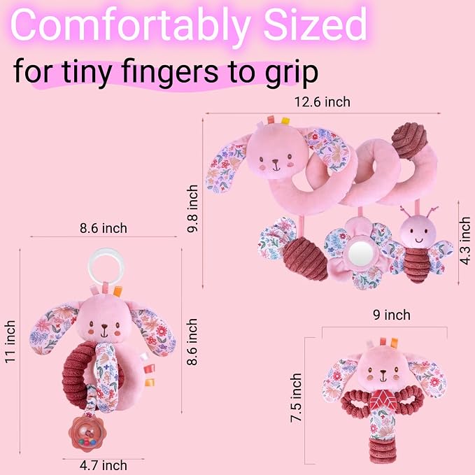 Baby Spiral Car Seat Toys for Babies 0-6 Months Girl, Stroller Hanging Stuffed Animal Carseat Crinkle Rabbit Toy 0-3-4-5-6-7-8-9-12 Month, Newborn Infant Toddler Birthday Gifts Set Bunny 3PCS