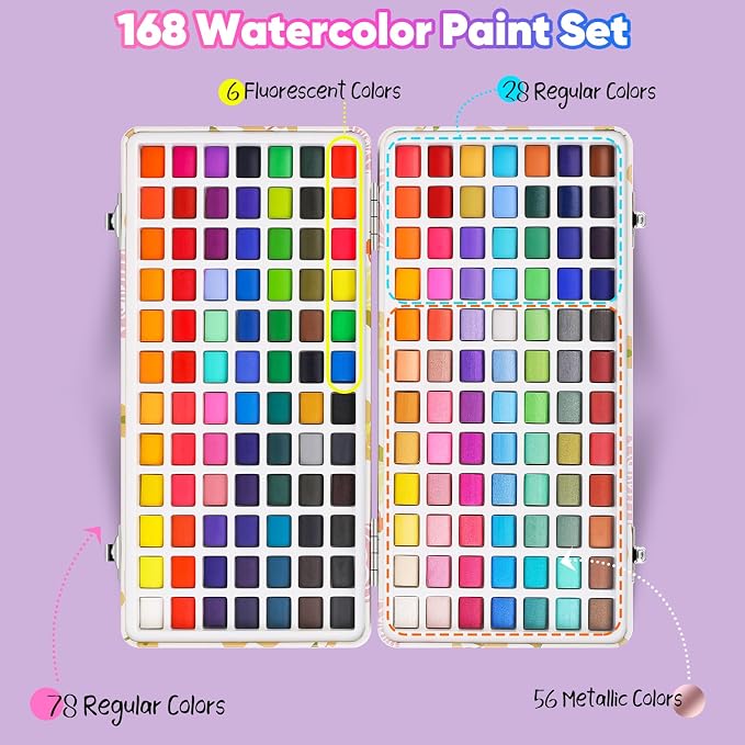 Taotree Watercolor Paint Set 168 Colors, Art Supplies Watercolors Kit Travel Water Colors with 3 Paints Brushes, Crafts Painting Supplies, Drawing for Adults Artist Drawing, Painting