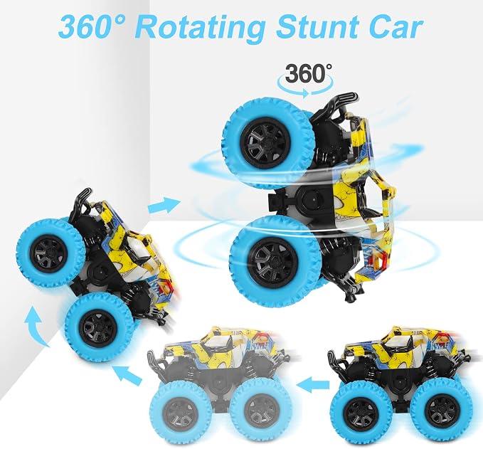 M SANMERSEN Monster Truck Toys for Kids, Friction Cars for Toddlers Push and Go 360° Rotating Stunt Car for 3+ Year Old Boys Girls Gifts (2 Pack - Blue and Green)
