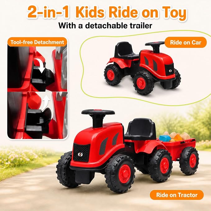 Kids Ride on Tractor, 2 in 1 Foot to Floor Push Car w/Detachable Trailer, Horn, Rake & Shovel, No Power Sliding Toy Gift for Toddlers, Outdoor Ride on Construction Vehicle (Red)