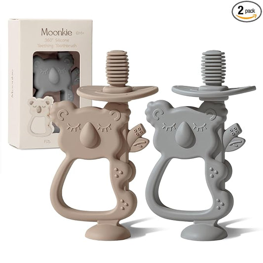 Moonkie Teething Toy Set of 2, Safe & Easy to Hold BPA Free Silicone Teethers, 360° Baby Toothbrush with Suction Base, Teether Toys Best for Babies 6-12 Months (Koala Warm Taupe/Lunar Grey)