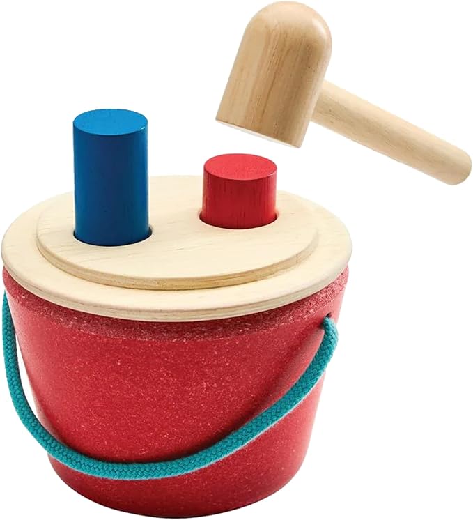 PlanToys® Hammering Peg Bucket | Montessori Wooden Hammering Toy for Toddlers 12M+ | Develops Hand-Eye Coordination, Fine Motor Skills & Problem-Solving | Includes Pegs & Hammer