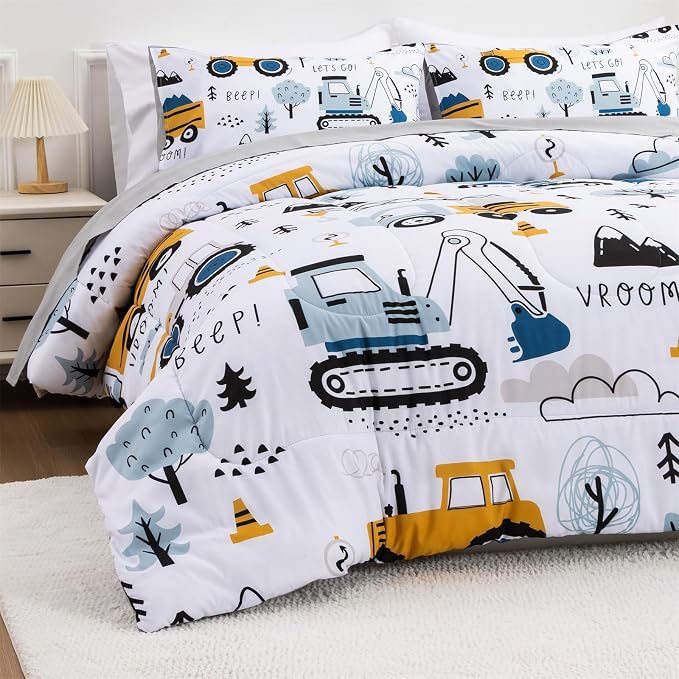 Holawakaka Trucks Tractors Cars Boys 5-Piece Bedding Comforter Sheet Set,Twin Size Cartoon Construction Car Excavator Print Kids Bed in A Bag, Excavator Mixer Truck Printed Bed Sets (White Twin)