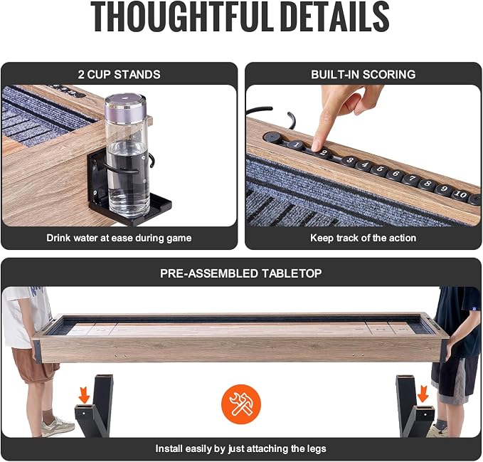 VEVOR Shuffleboard Table, 9 ft Shuffleboard for Family Game Rooms, 2 in 1 Shuffleboard and Bowling Combo Game Set, with Scratch-Resistant Playfield, Legs, 8 Pucks, Bowling Set, Wax, and Table Brush