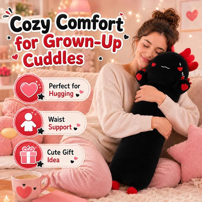 Long Axolotl Stuffed Animals 19.7inch, Soft Long Axolotl Plush Pillow Cute Axolotl Plush Body Pillow Gifts for Kids Girlfriend, Black&Red