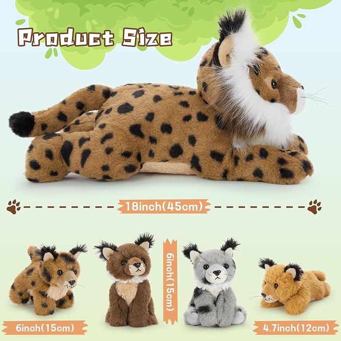 Muiteiur 5 Piece Lynx Stuffed Animals, Soft Bobcat Stuffed Animals with Babies,18-inch Plush Toy for Kids Girls Boys, Fun Gift for Birthday Children Day