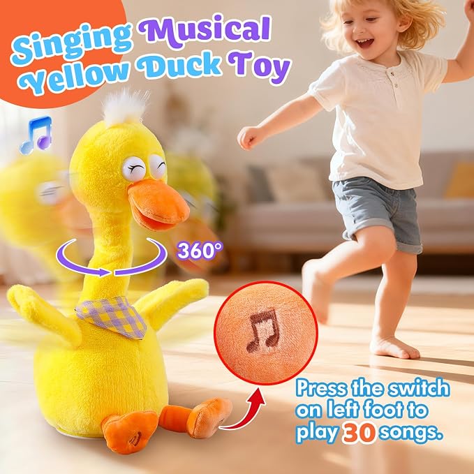 Marsjoy 13" Talking Dancing Duck, Repeating What You Say Mimicking Recording Plush Baby Toy Musical English Song Singing Talking Glowing Animated Twisting Gift of Lighting Up Toy for Boy Kid